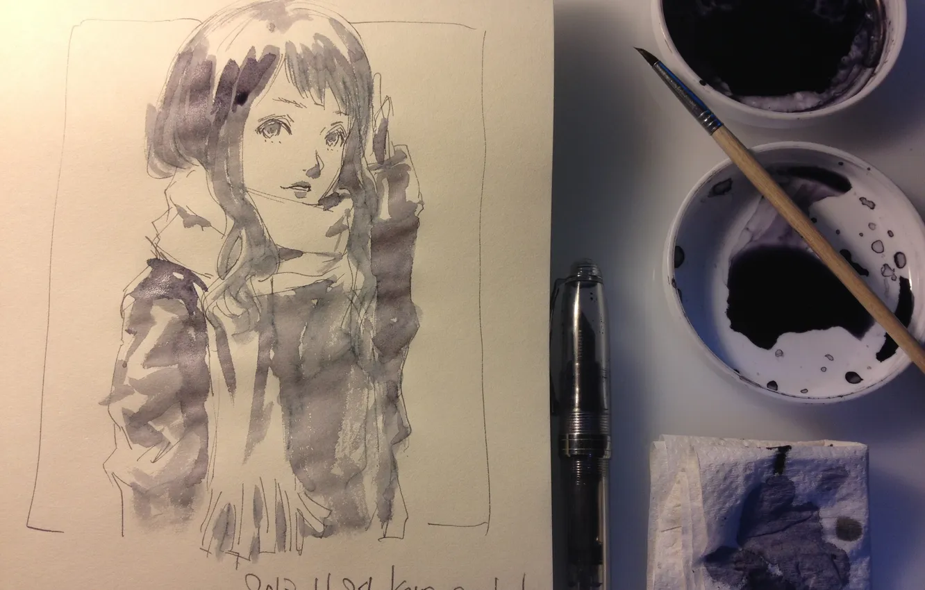 Photo wallpaper leaves, girl, figure, anime, scarf, brush, napkin, marker