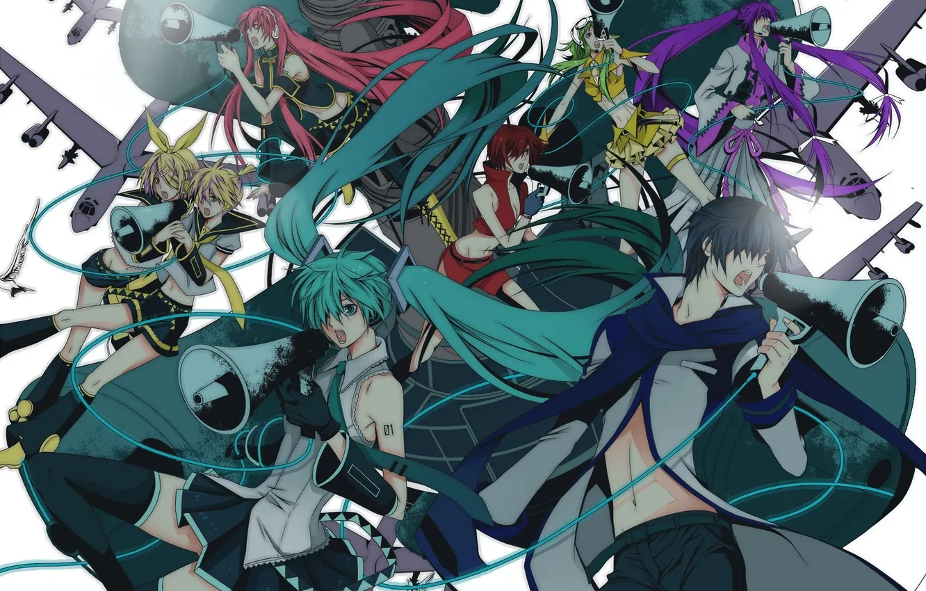 Photo wallpaper girls, wire, aircraft, guys, vocaloid, hatsune miku, megurine luka, kagamine rin