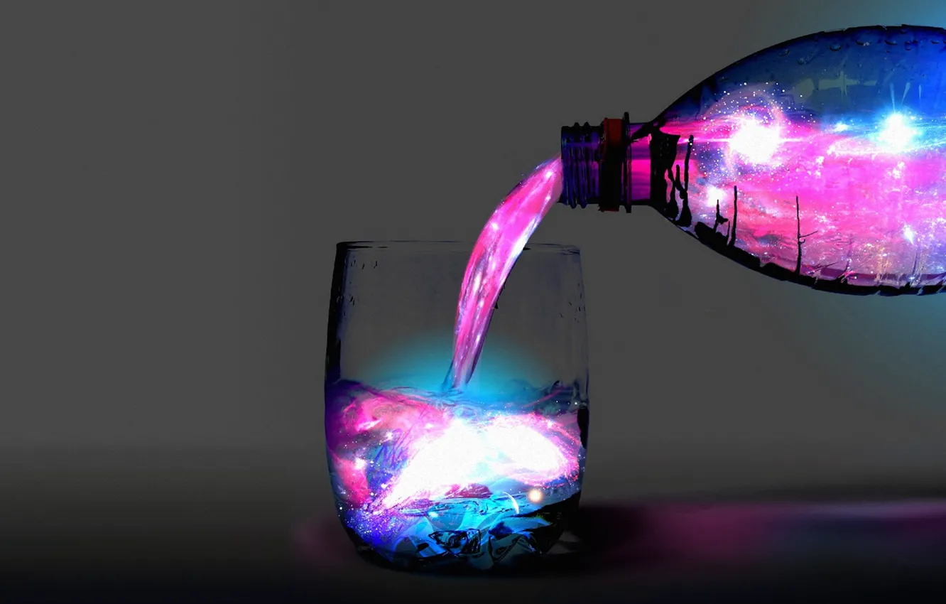 Photo wallpaper glass, bottle, glow, liquid, neon, pouring