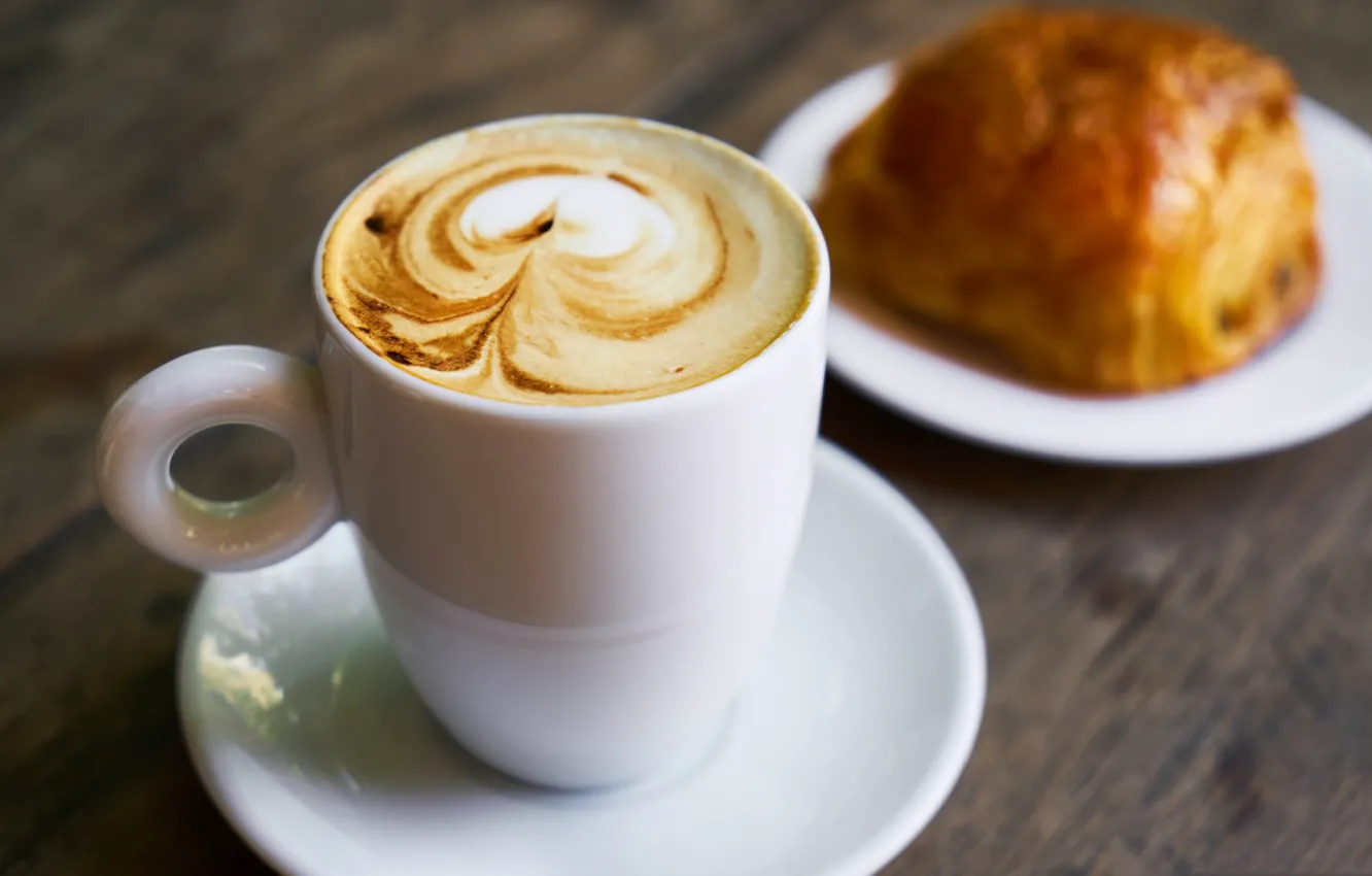 Photo wallpaper coffee, Breakfast, Cup, foam, buns