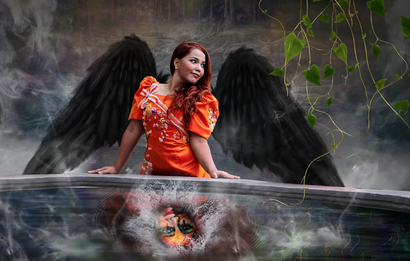 Photo wallpaper GIRL, WATER, WINGS, SQUIRT, FACE, ANGEL