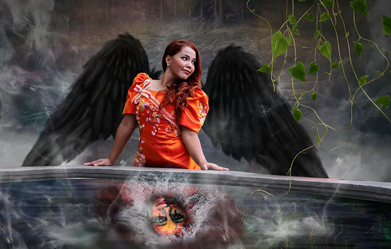 Photo wallpaper water, girl, squirt, face, wings, angel