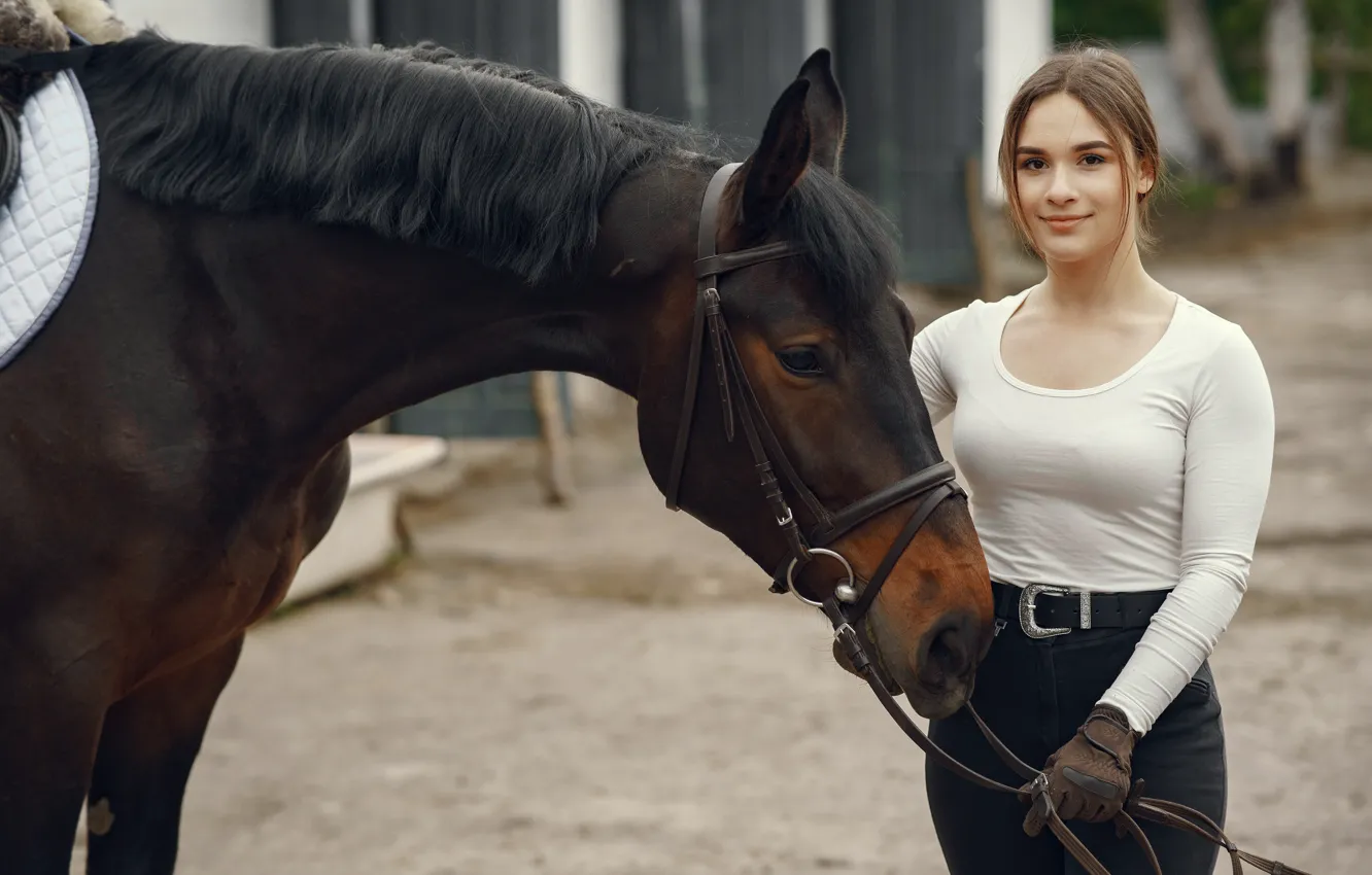Photo wallpaper look, girl, smile, each, horse, horse, blouse, pants