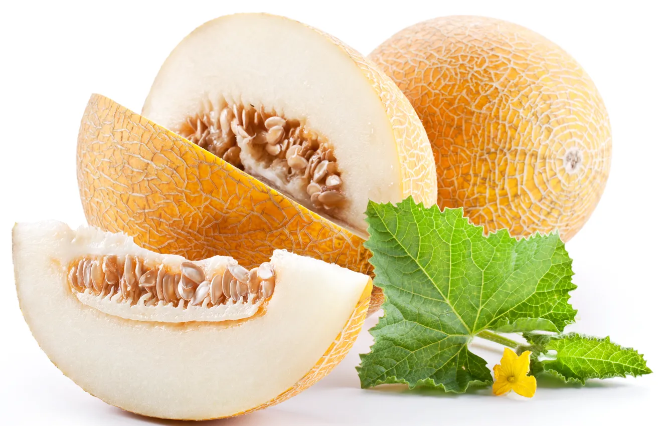 Photo wallpaper leaves, yellow, bone, the flesh, ripe, melon, chunks