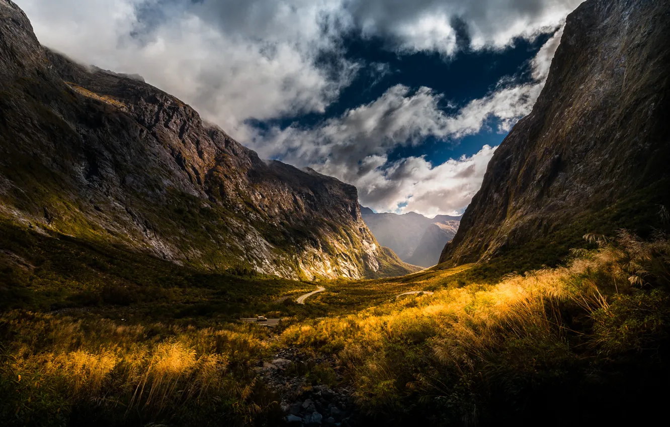 Photo wallpaper road, clouds, mountains