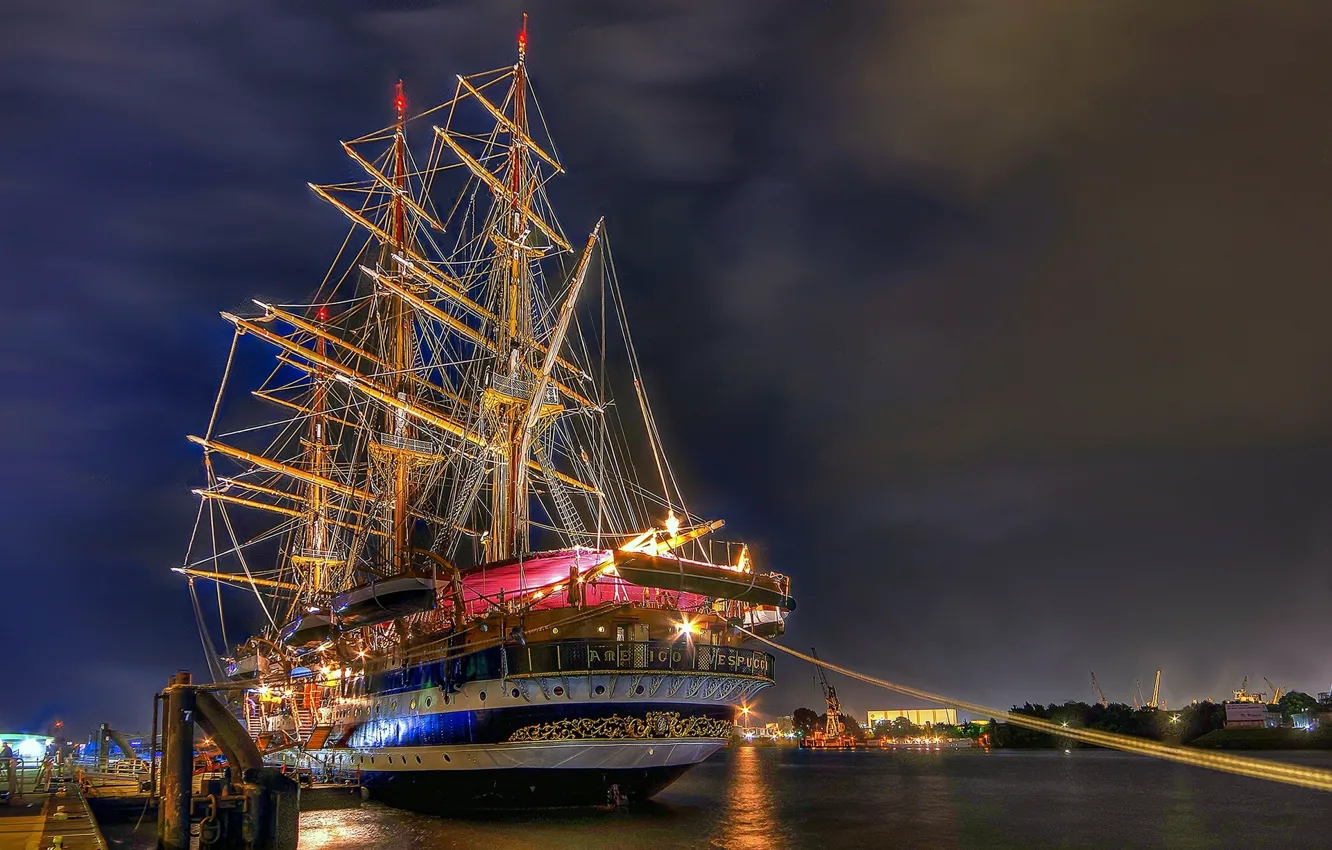Photo wallpaper lights, ship, rope, mooring