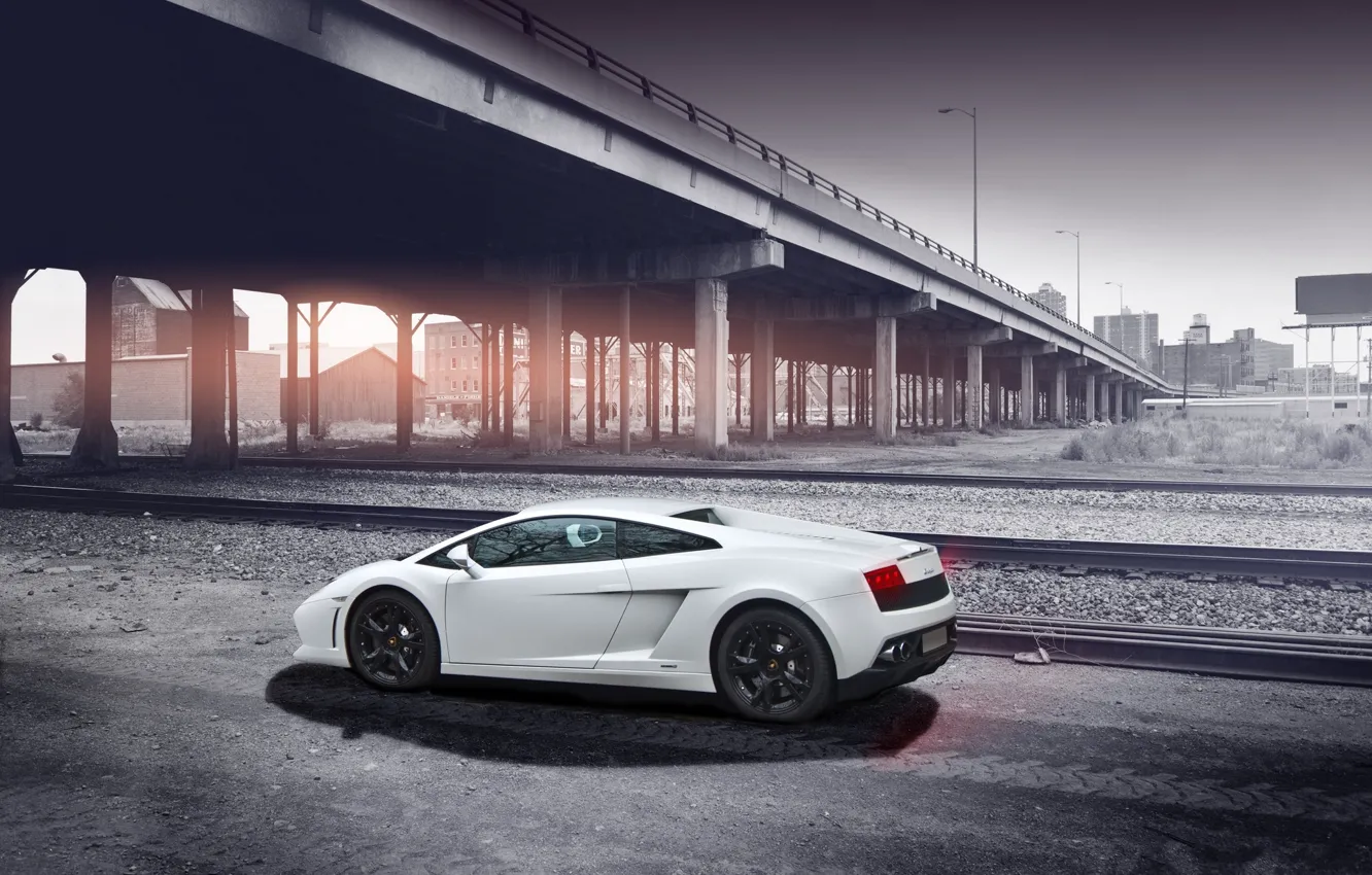 Photo wallpaper road, white, the sky, bridge, shadow, white, gallardo, lamborghini