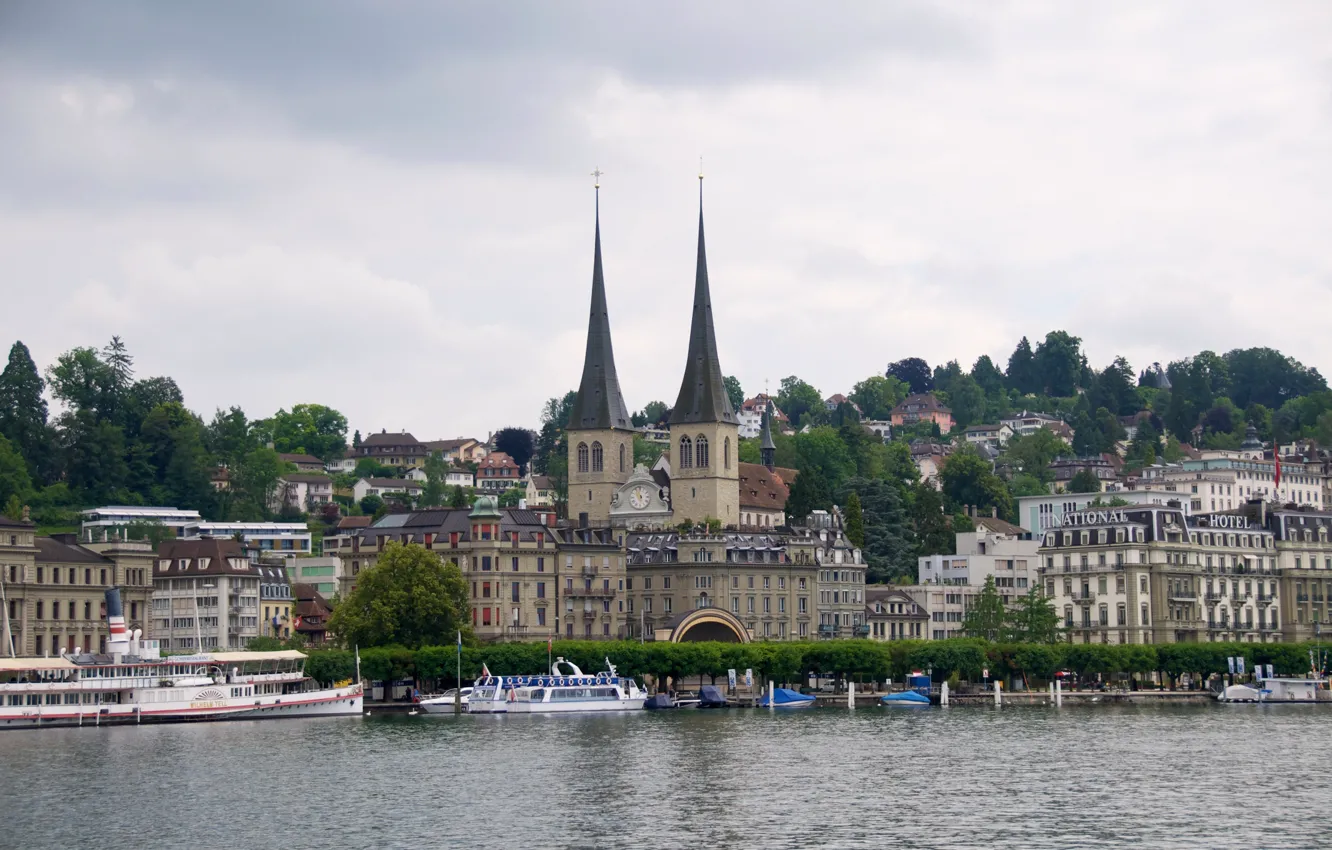 Photo wallpaper lake, home, Switzerland, Church, Lucerne