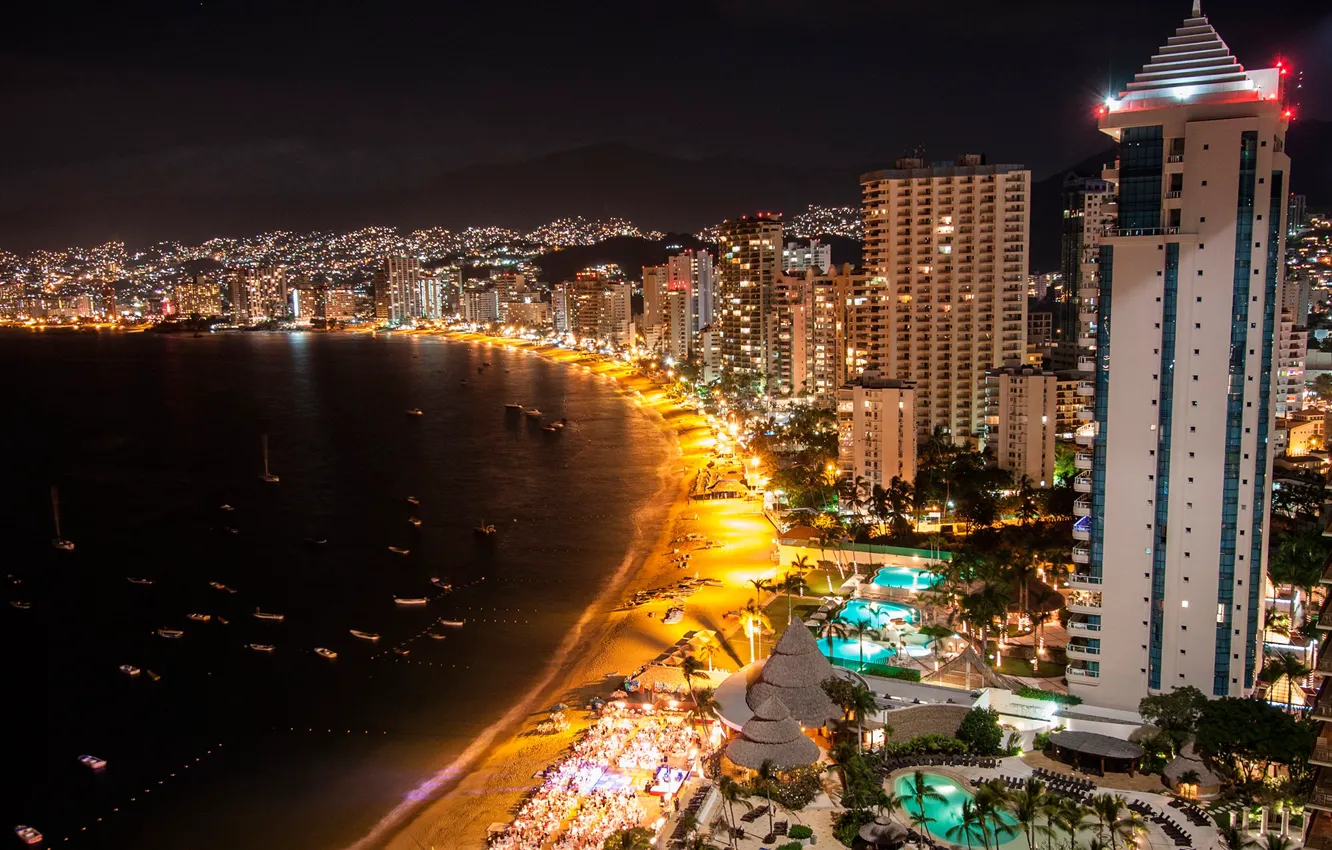 Photo wallpaper sea, beach, night, lights, coast, boat, home, Mexico