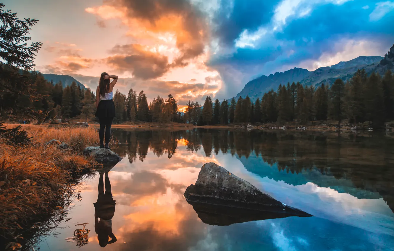 Photo wallpaper girl, mountains, river, nature photography