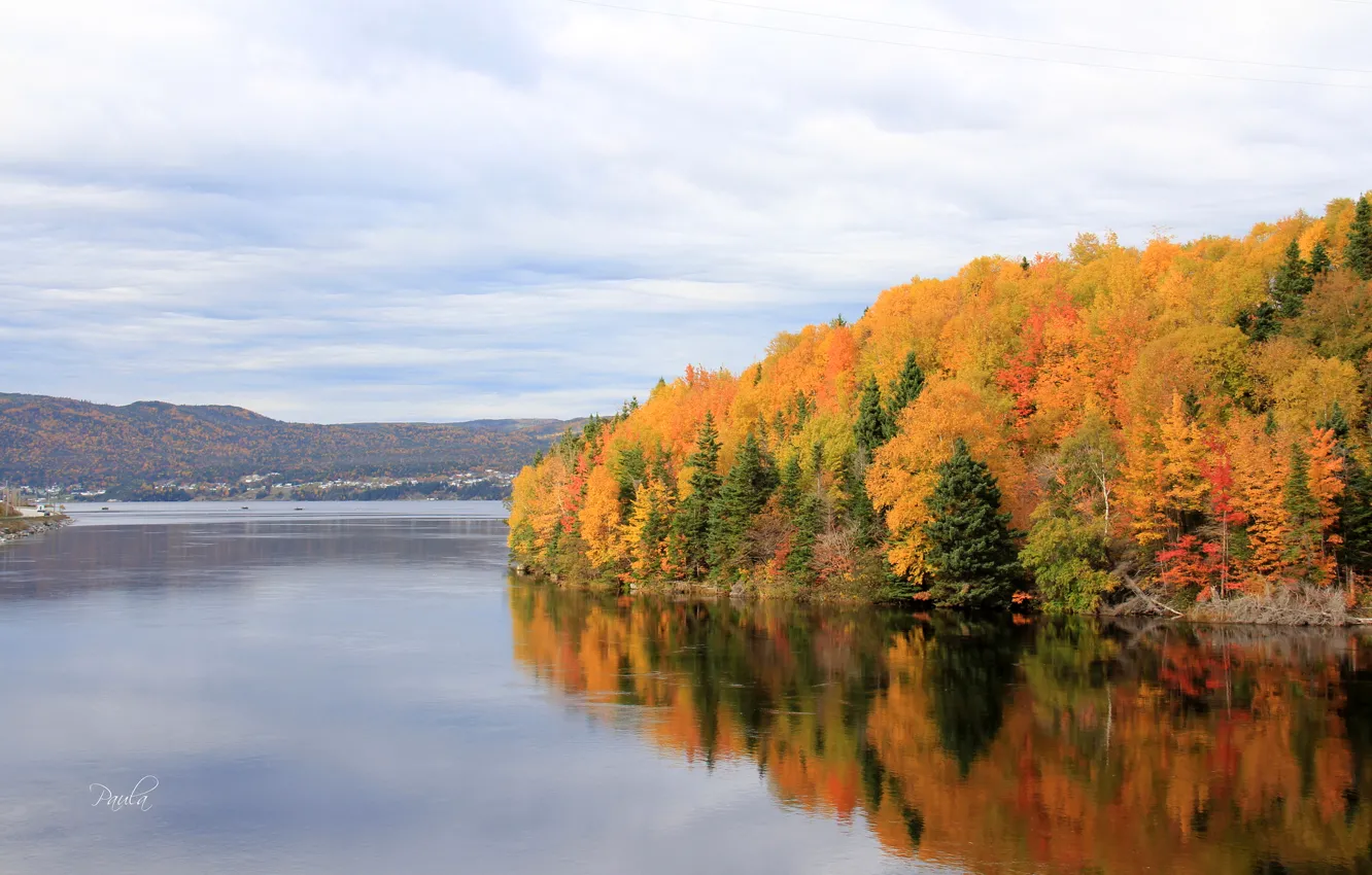 Photo wallpaper autumn, forest, the sky, clouds, mountains, lake