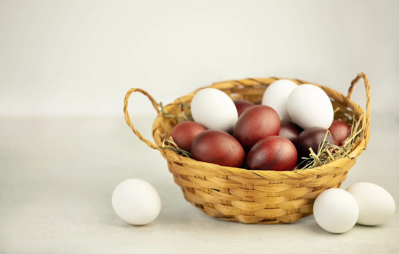 Photo wallpaper table, background, holiday, eggs, spring, Easter, straw, white