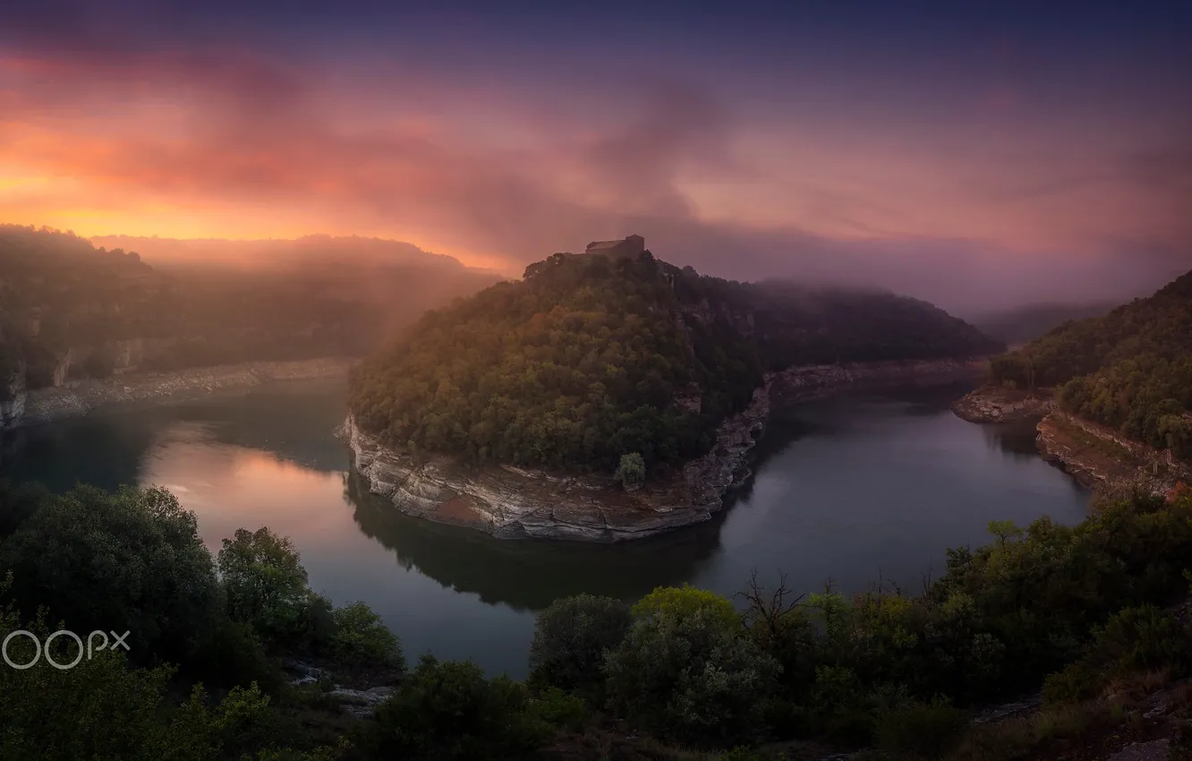 Photo wallpaper forest, river, castle, rocks