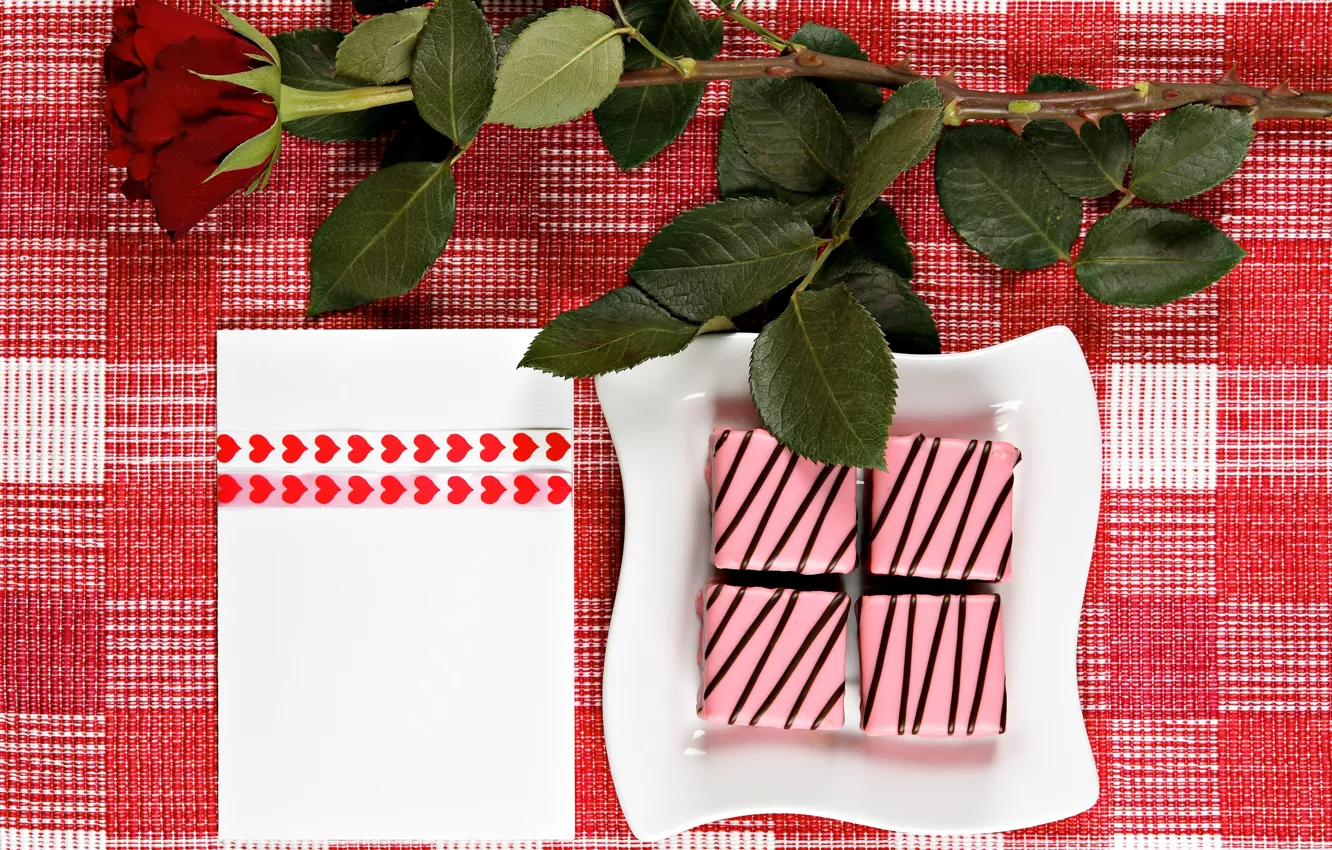 Photo wallpaper holiday, gift, rose, plate, candy, hearts, tablecloth, glaze