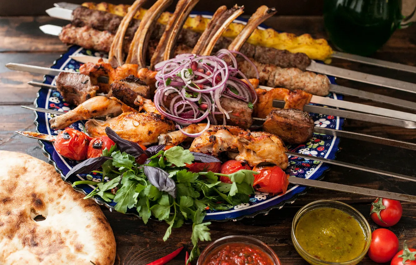 Photo wallpaper greens, tomatoes, sauce, kebab, pita