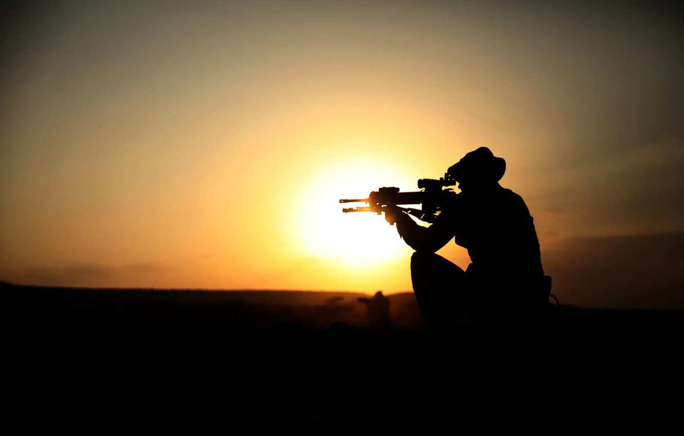 Photo wallpaper weapons, army, silhouette, soldiers