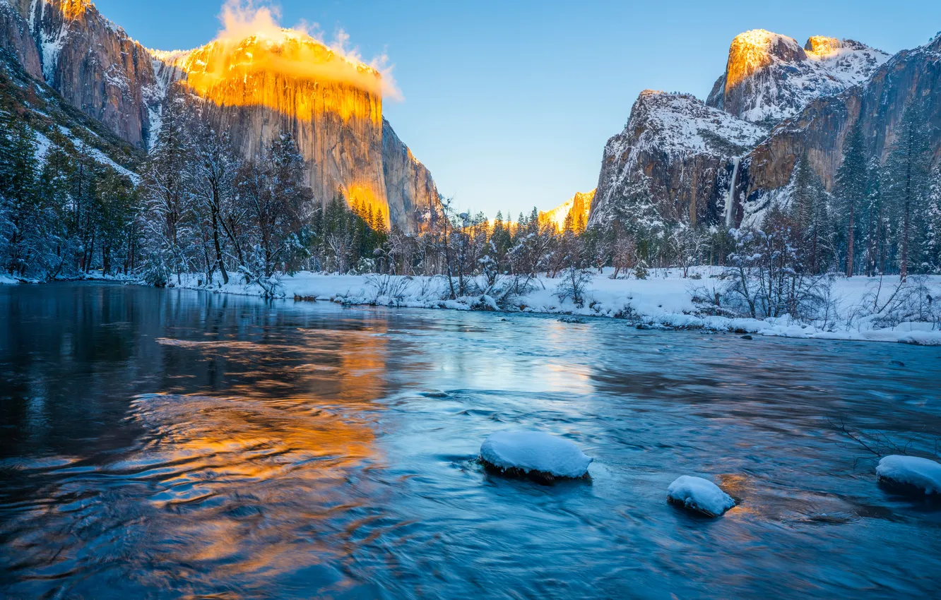 Photo wallpaper river, nature, mountains, parks, USA, Yosemite, rocks