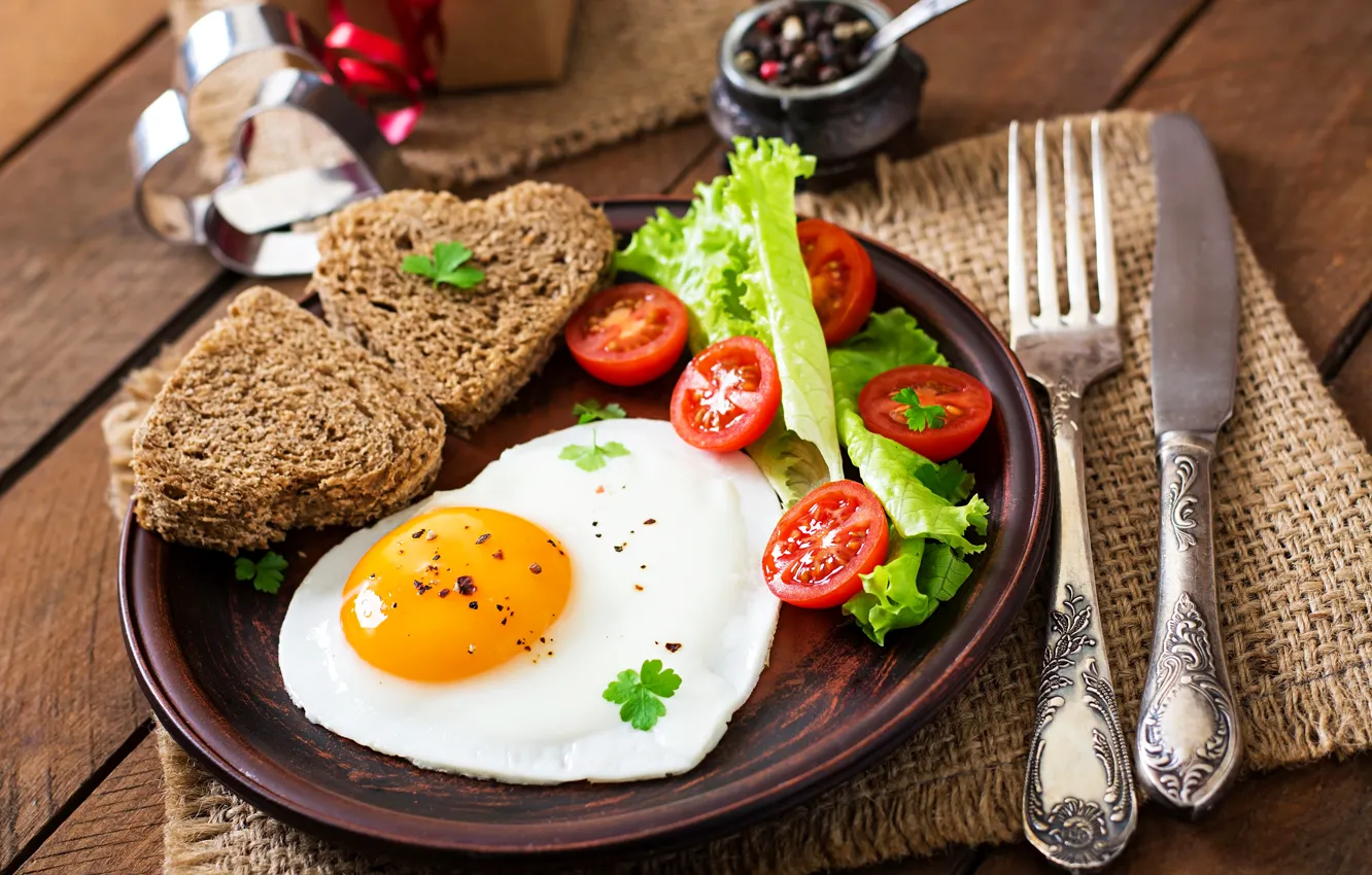 Photo wallpaper egg, Breakfast, bread, knife, scrambled eggs, tomatoes, salad, bread