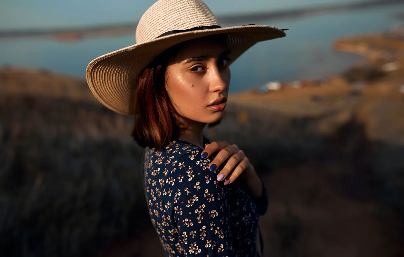 Photo wallpaper look, the sun, landscape, pose, model, portrait, hat, makeup