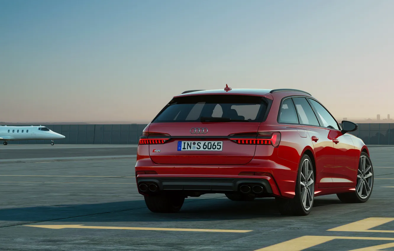Photo wallpaper red, Audi, airport, universal, 2019, A6 Avant, S6 Before
