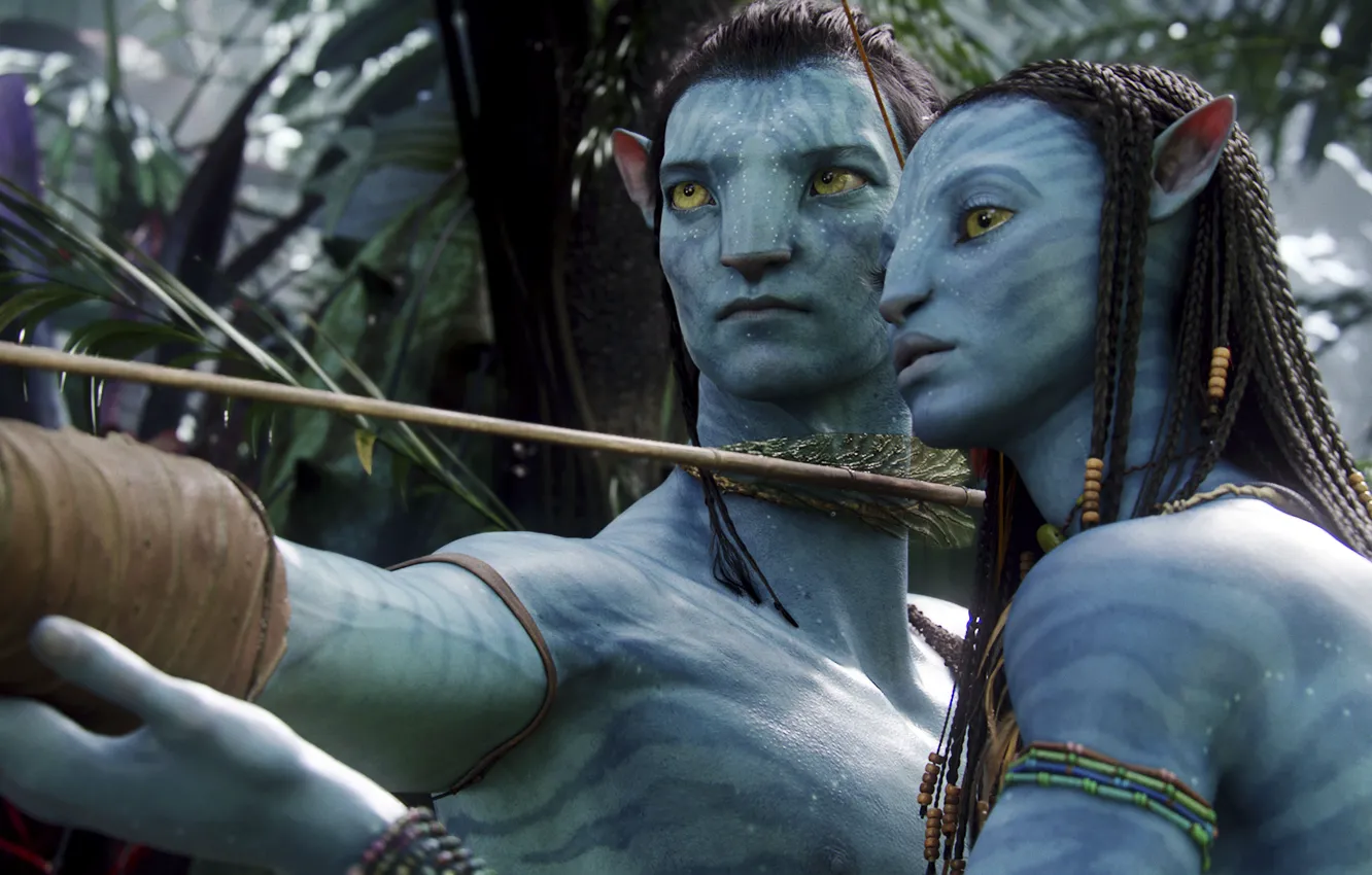 Photo wallpaper Avatar, Neytiri, bow, Arrow, Zoe Saldana, Jake Sully, Sam Worthington