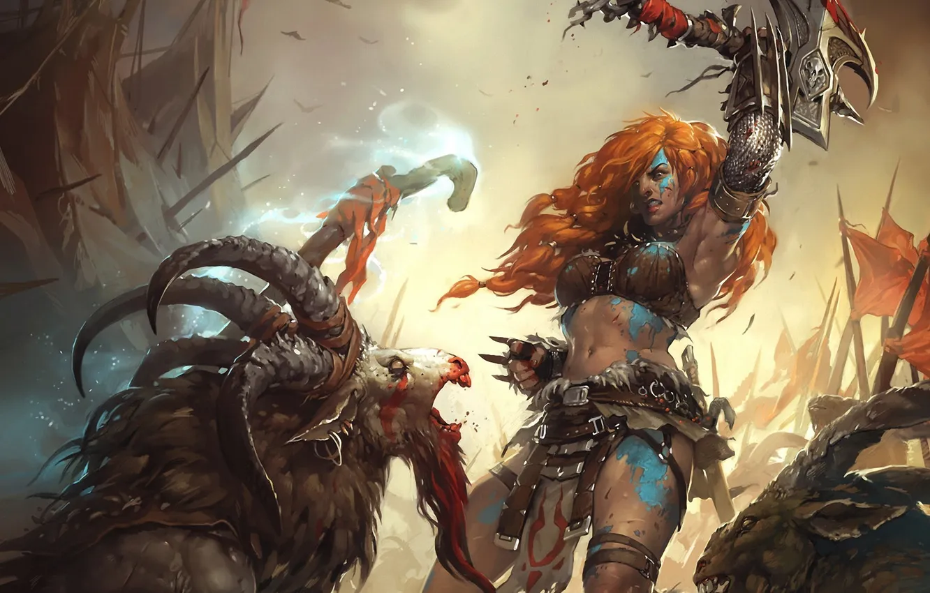 Photo wallpaper girl, blood, monster, art, staff, red, battle, axe