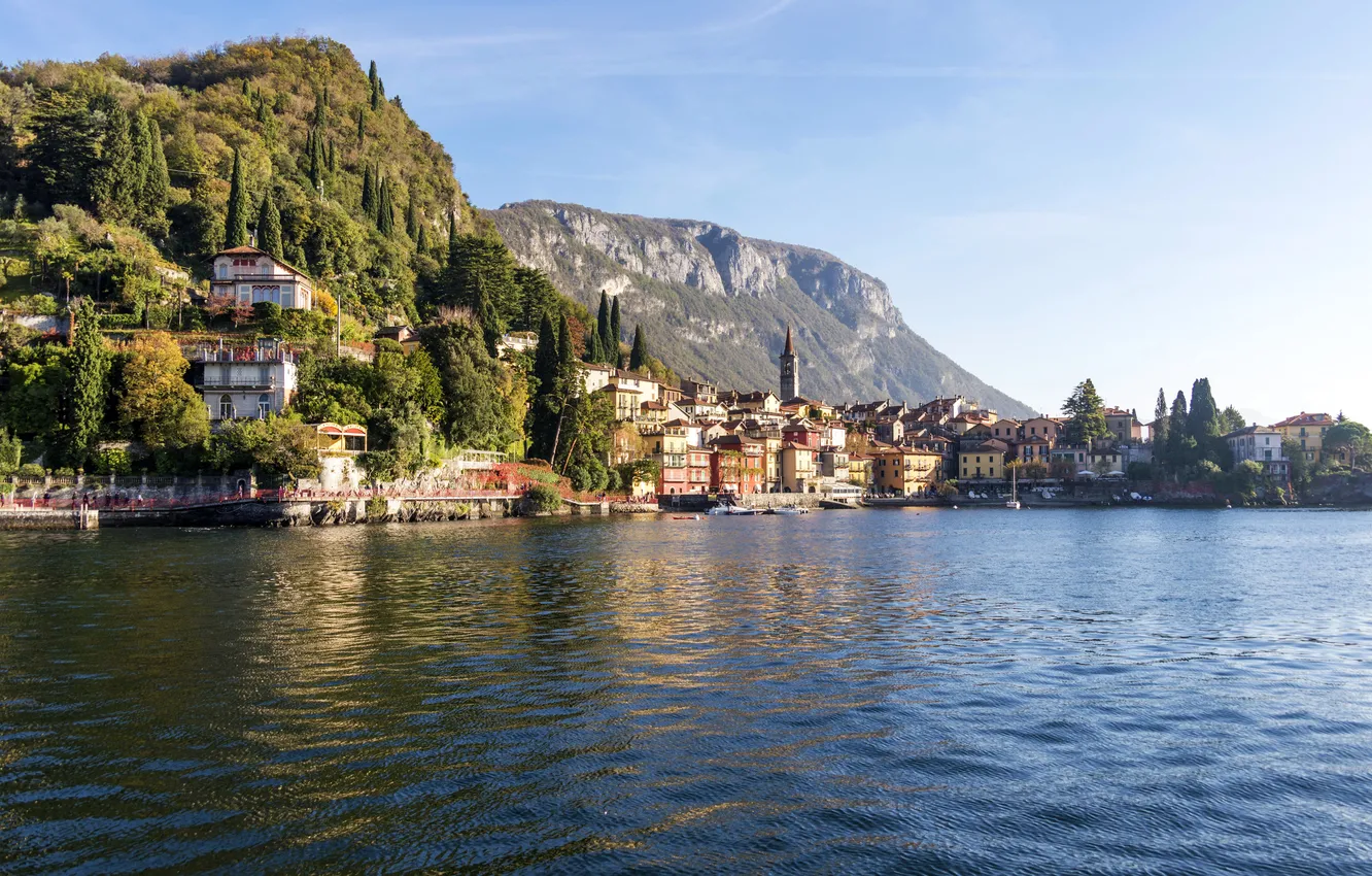 Photo wallpaper sea, mountains, home, boats, Italy, Lombardy, Griante