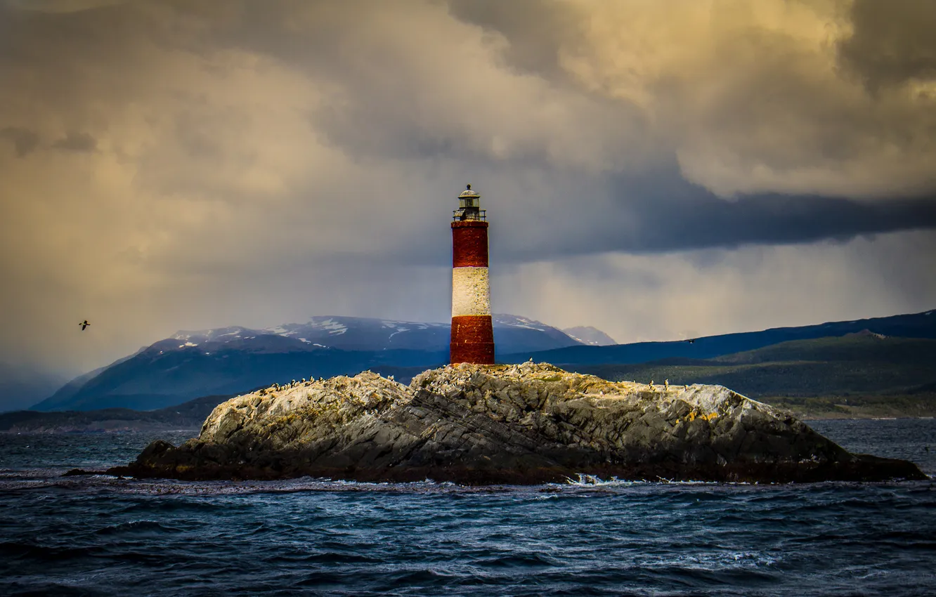 Photo wallpaper sea, the sky, clouds, rocks, lighthouse