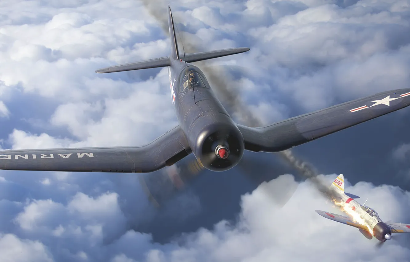 Photo wallpaper Chance Vought F4U Corsair, Mitsubishi A6M zero, Marine corps USA, USMC, single carrier-based fighter