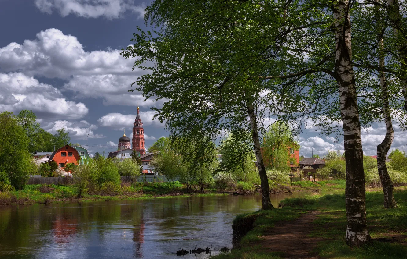 Photo wallpaper clouds, trees, landscape, nature, shore, village, Church, birch
