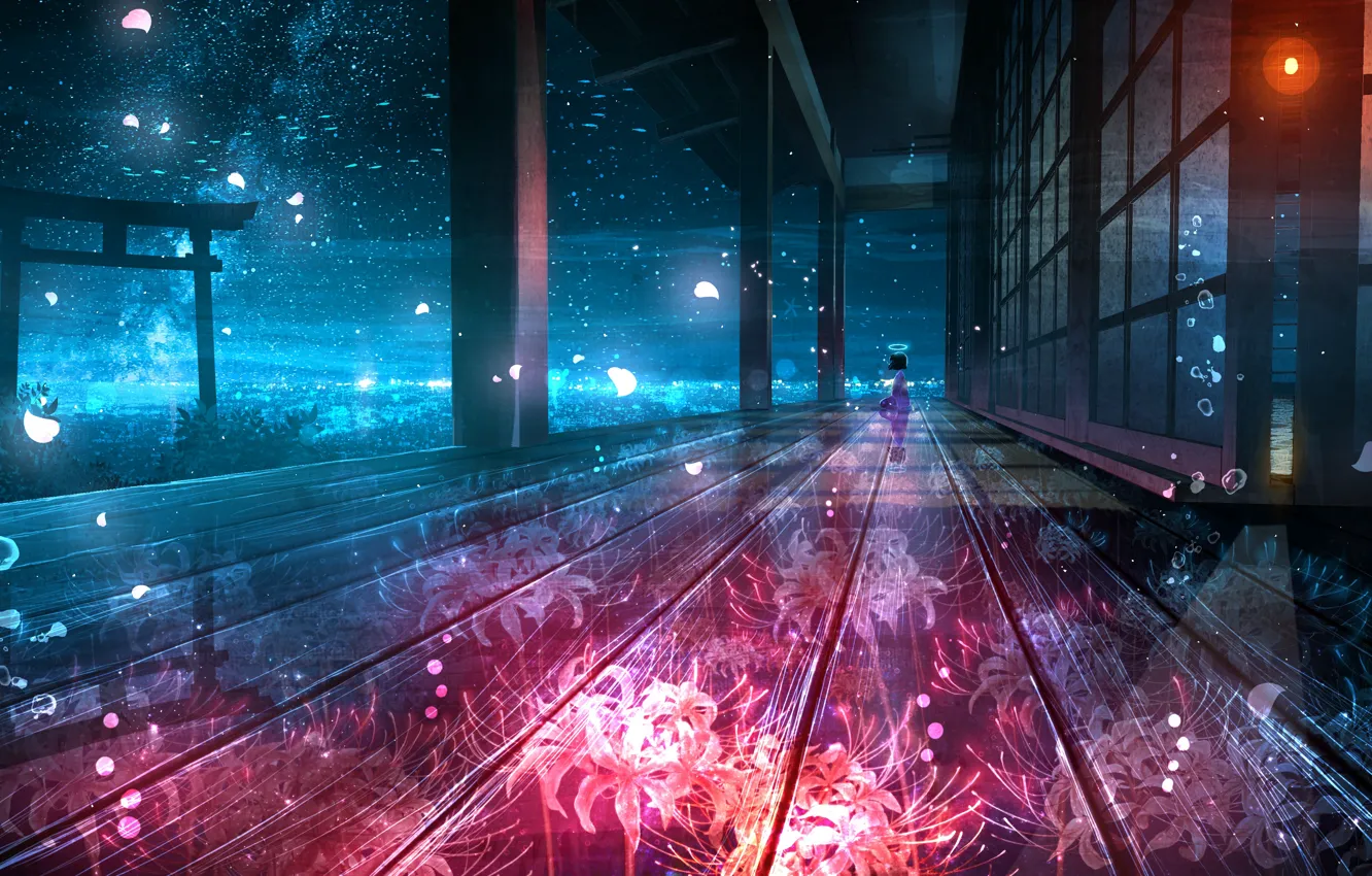 Photo wallpaper the sky, girl, night, halo, torii, he lost his parents,