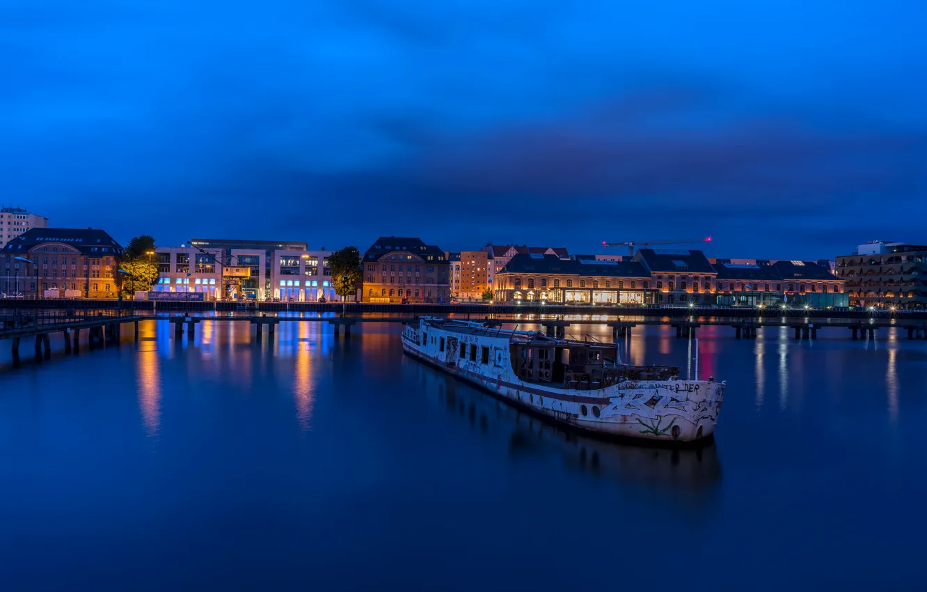 Photo wallpaper night, lights, river, Germany, Berlin
