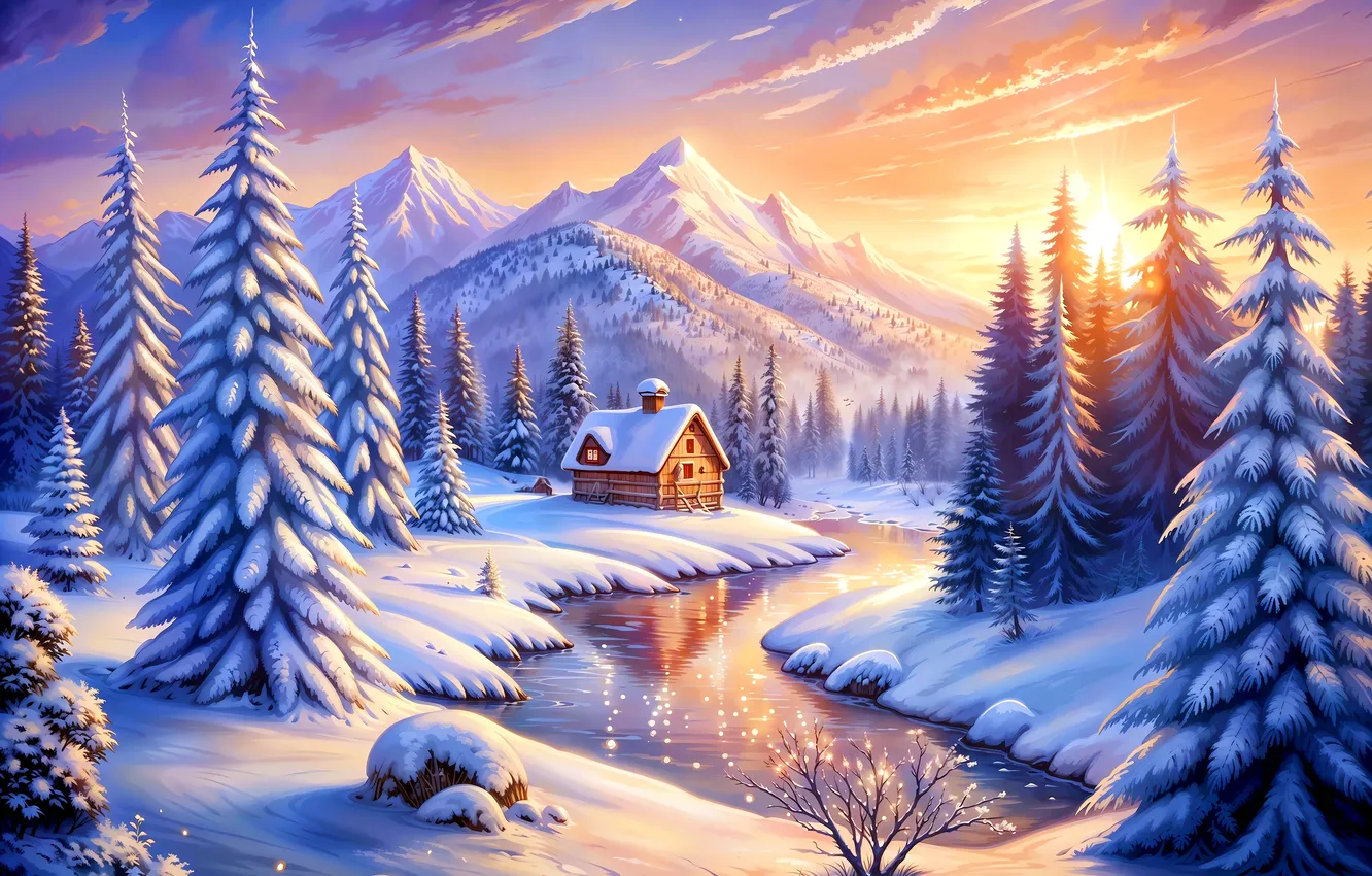 Photo wallpaper winter, forest, the sun, clouds, light, snow, mountains, nature