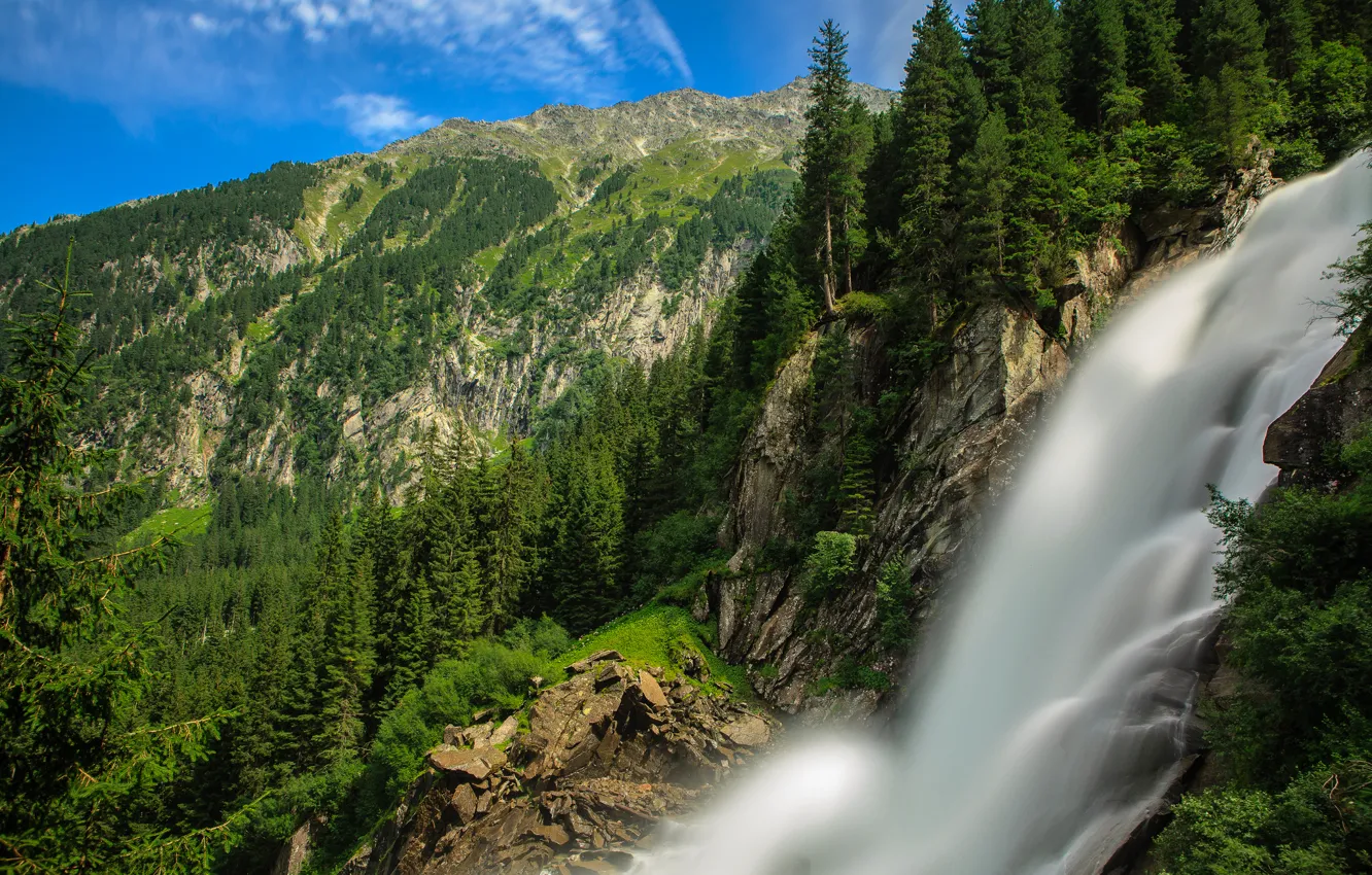 Photo wallpaper forest, mountains, stream, Austria, Alps, Austria, Alps, the Krimml waterfalls.