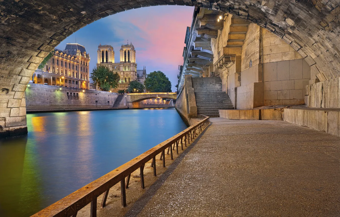 Photo wallpaper bridge, river, France, Paris, Hay, arch, promenade, Notre Dame Cathedral