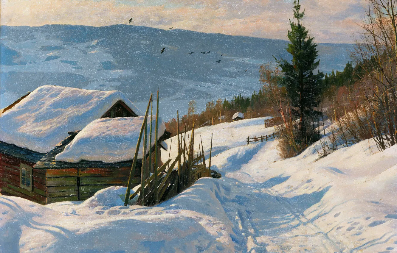 Photo wallpaper road, snow, trees, home, picture, Danish painter, Peter Merk Of Menstad, Peder Mørk Mønsted