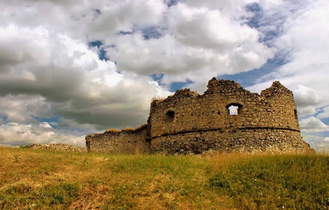 Photo wallpaper field, clouds, castle, ruins