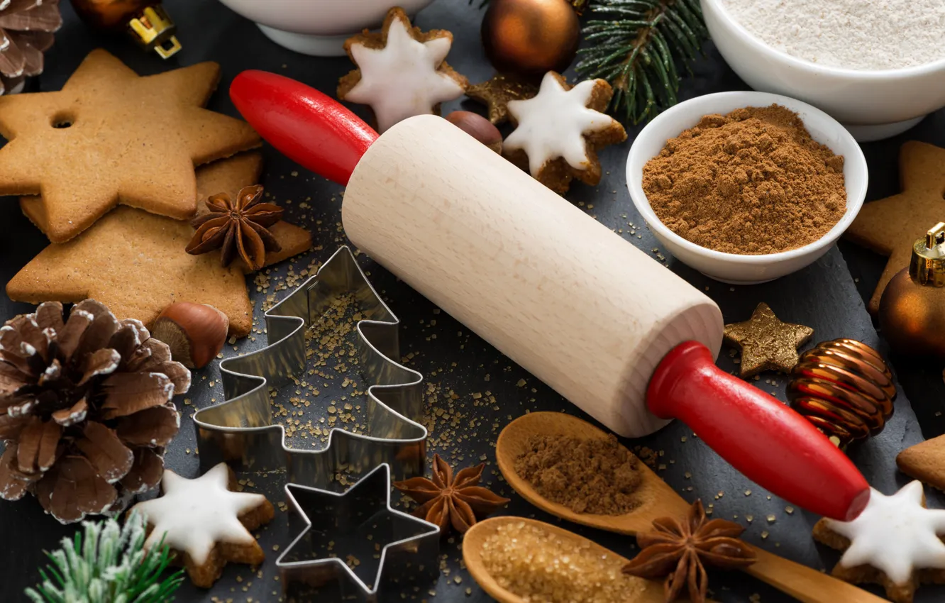 Photo wallpaper holiday, tree, cookies, sugar, cinnamon, bumps, cakes, spices