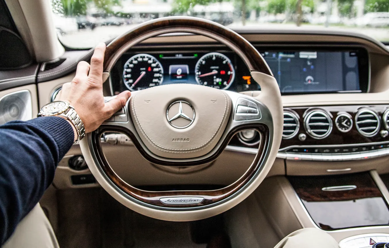 Photo wallpaper panel, hands, the wheel, salon, Mercedes