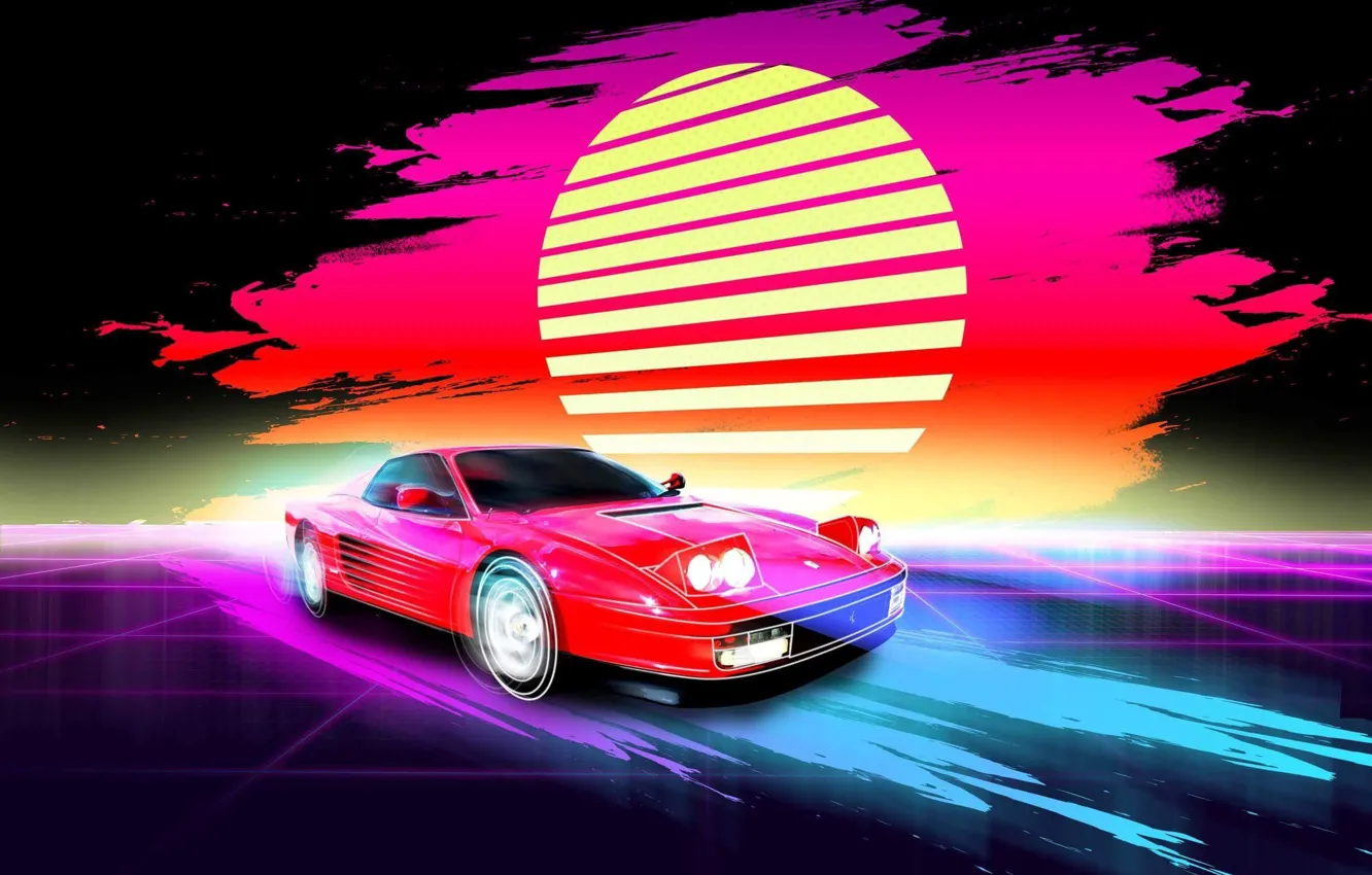 Photo wallpaper Music, Style, Background, Ferrari, 80s, Sun, Style, Neon