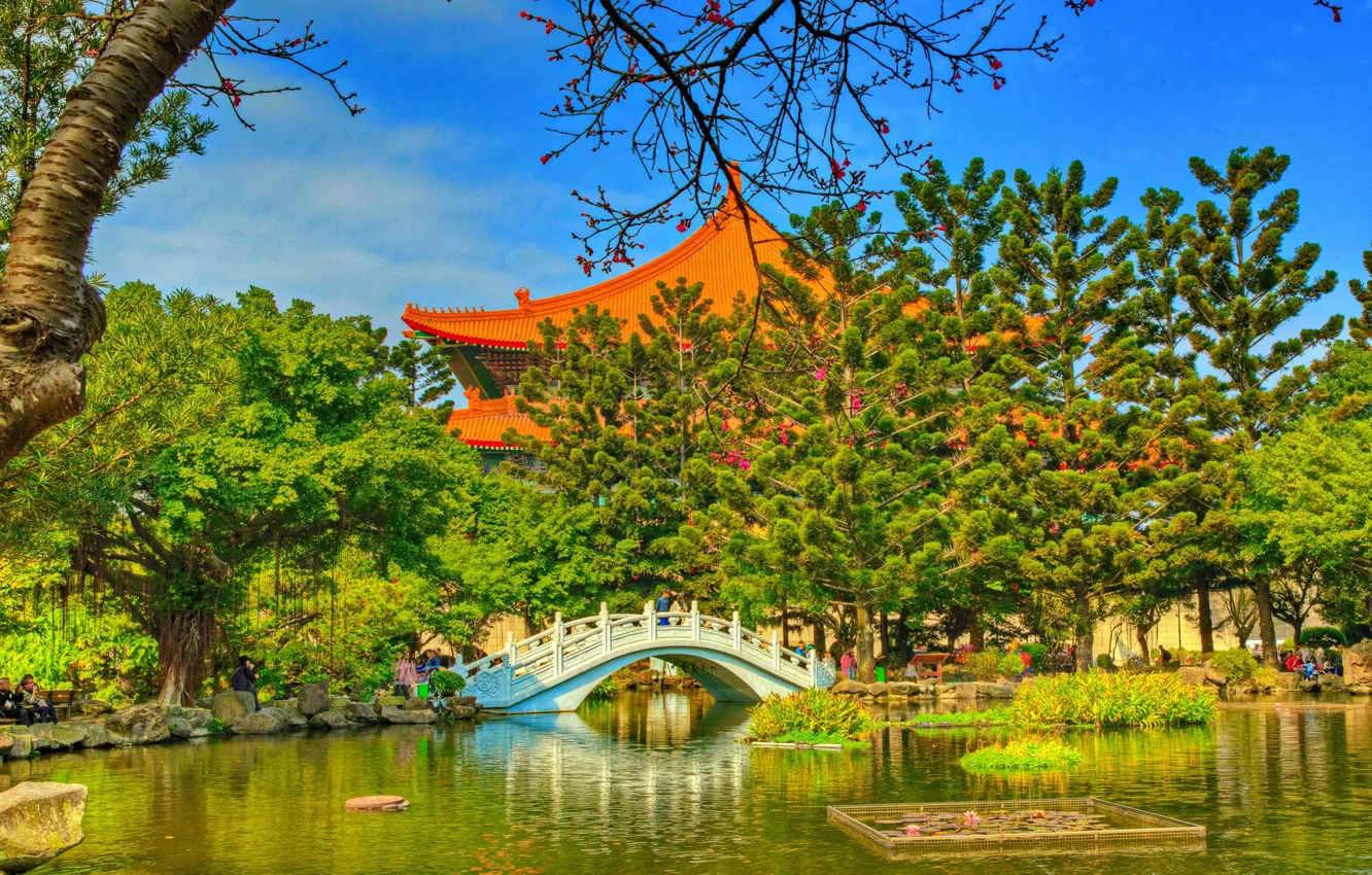 Photo wallpaper photo, HDR, Nature, Bridge, Trees, Garden, Pond, Taiwan