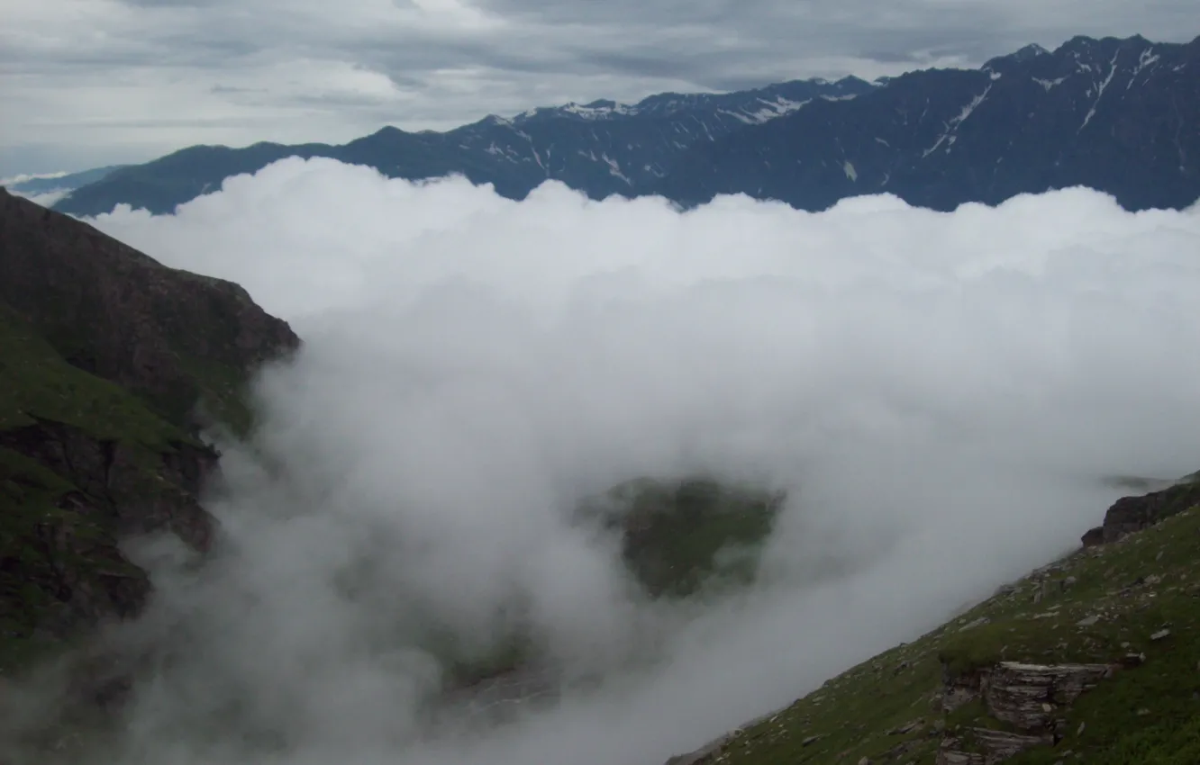 Photo wallpaper Heights, mist, Valley, Cloud filled