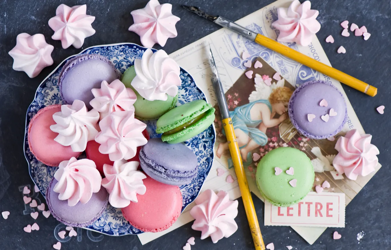 Photo wallpaper cookies, handle, colorful, dessert, cards, meringue, meringue, macaron