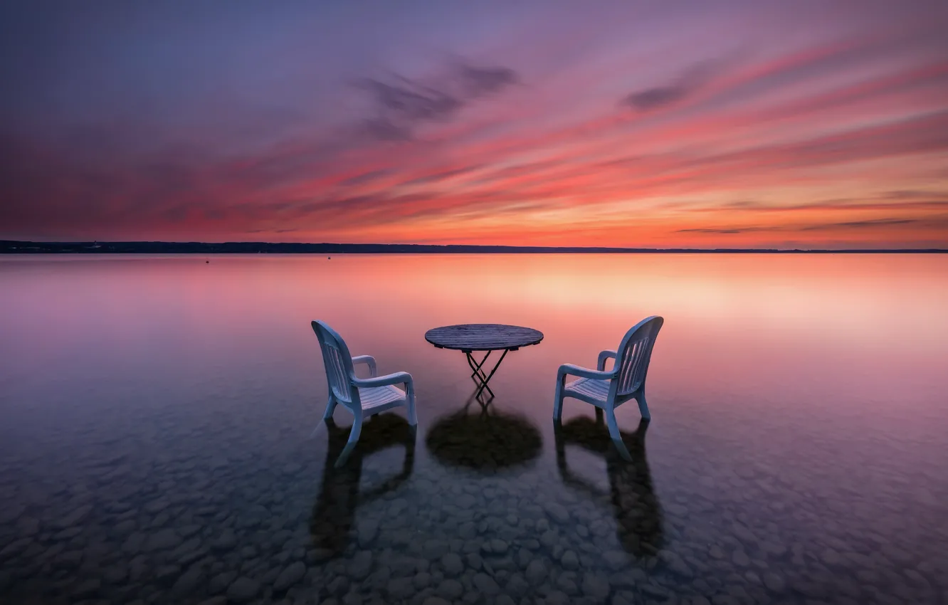 Photo wallpaper sunset, table, shore, chair