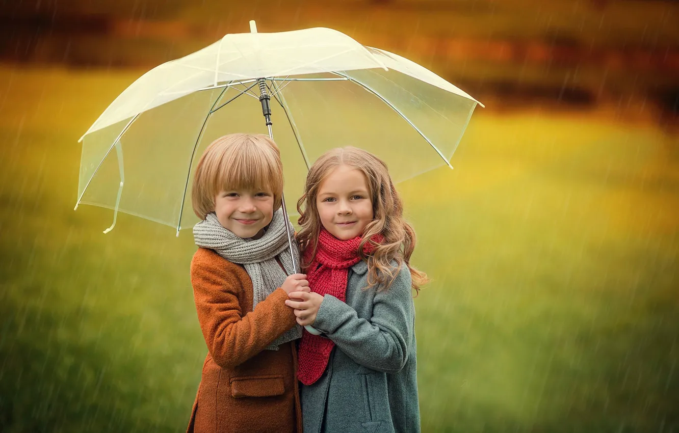Photo wallpaper autumn, children, umbrella, boy, girl