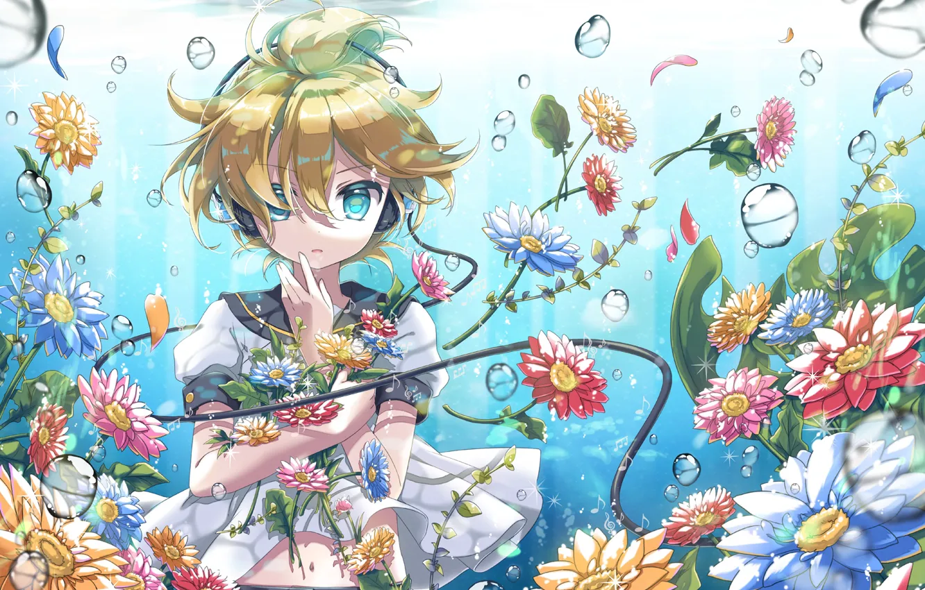 Photo wallpaper flowers, anime, len, Vocaloid