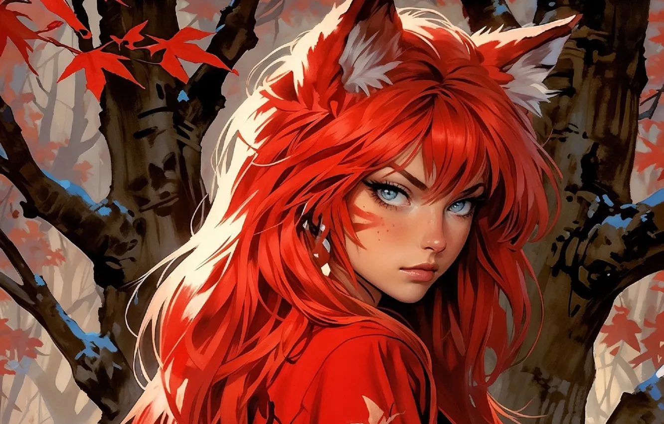 Photo wallpaper blue eyes, red hair, Fox ears, in the woods, the girl-demon, sideways, fox girl