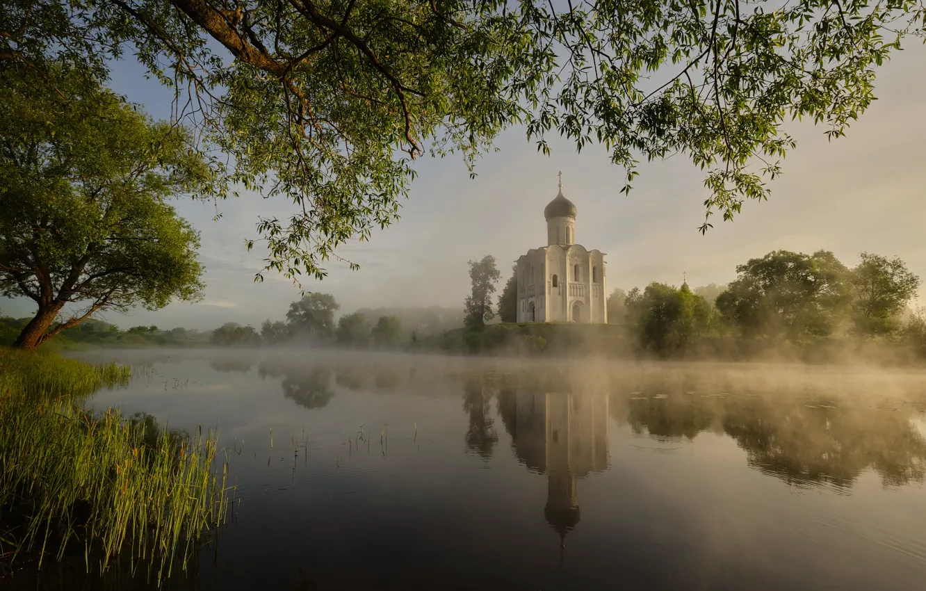 Photo wallpaper landscape, nature, fog, lake, shore, morning, Church, Nerl