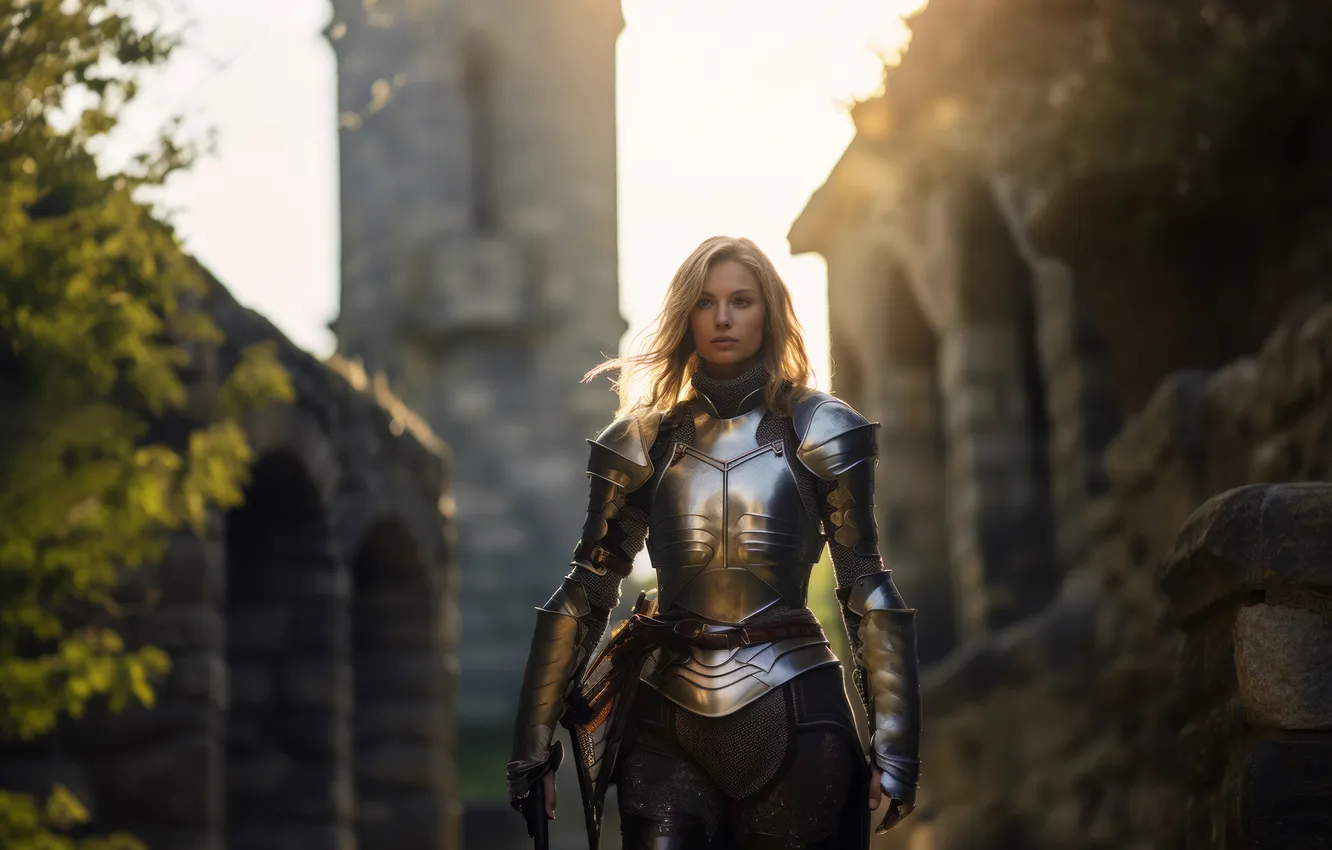 Photo wallpaper look, girl, castle, armor, fantasy, knight, warrior, the girl-soldier