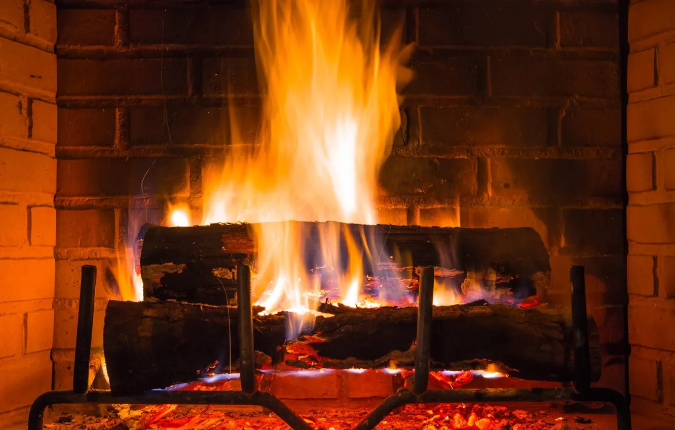 Photo wallpaper lights, flame, brick, wood, fire, flame, fireplace, fireplace